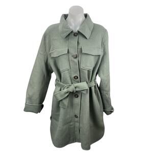 Tahari Brooke Wool Collared Long Sleeve Button Down Belted Shirt Coat Jacket L